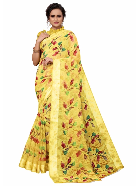 

AADVIKA Yellow & Red Floral Printed Linen Blend Saree