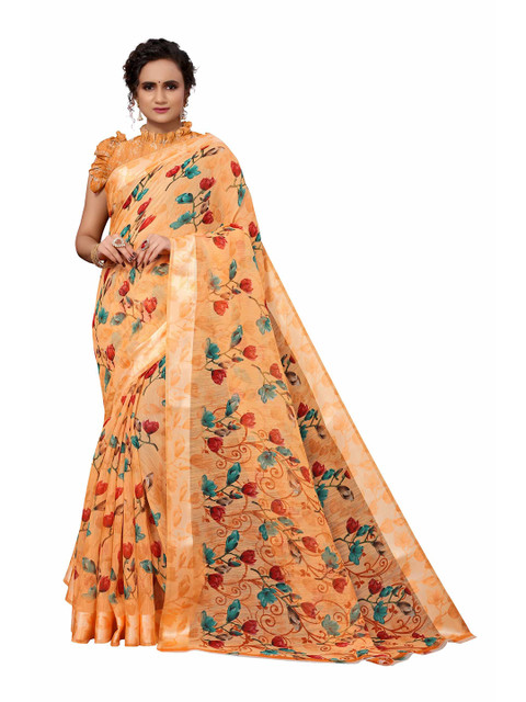 

AADVIKA Orange & Red Floral Printed Linen Blend Saree