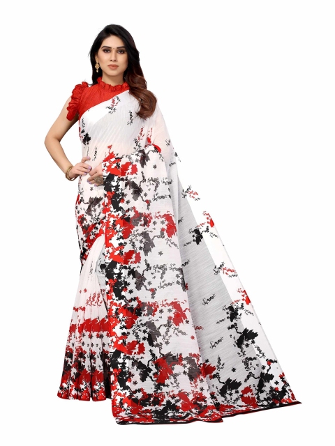 

AADVIKA White & Red Floral Printed Saree
