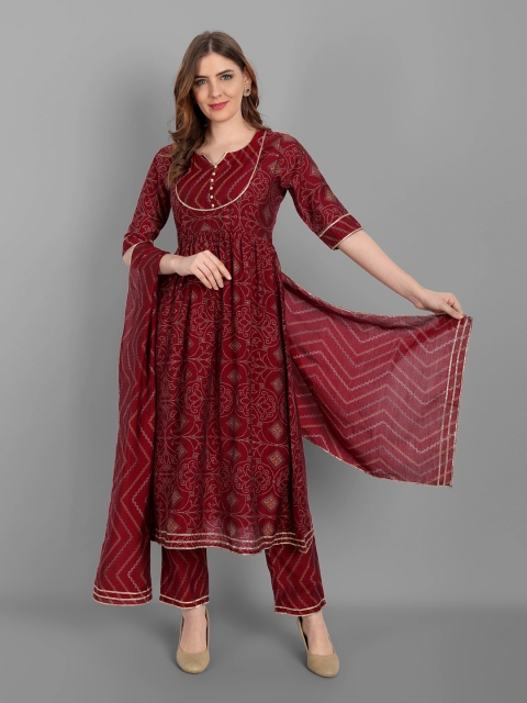 

V TRADITION Women Red Ethnic Motifs Embroidered Kurta with Trousers & With Dupatta