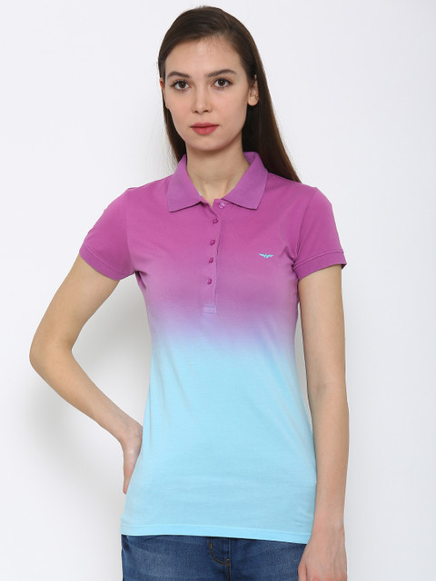 

Park Avenue Women Purple & Blue Ombre-Dyed Polo Collar T-shirt