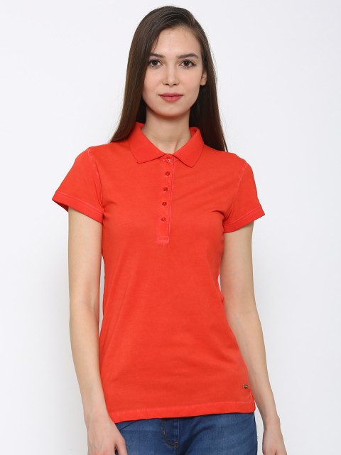 

Park Avenue Women Orange Solid Polo Collar T-shirt