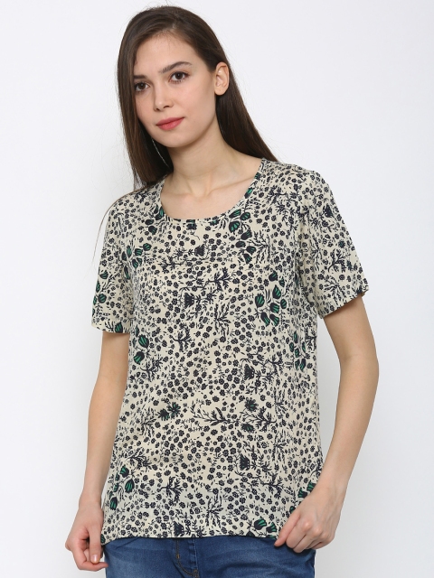 

Park Avenue Women Beige & Navy Blue Printed Regular Top