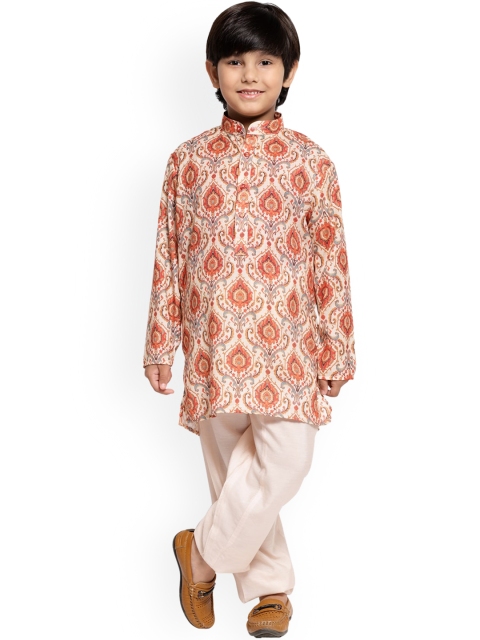 

MAXENCE Boys Peach-Coloured Ethnic Motifs Printed Pure Cotton Kurta with Trousers