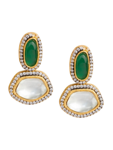 

INDYA Gold-Plated Green Kundan Drop Earrings