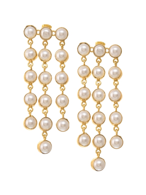 

INDYA White Pearl Gold Tasselled Plated Contemporary Drop Dangler Earrings