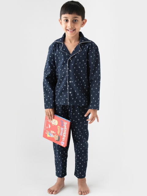 

Little Musketeer Boys Navy Blue & White Cotton Printed Night suit