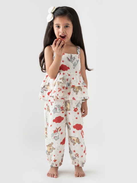 

Little Musketeer Girls Off White Printed Cotton Top with Pyjamas