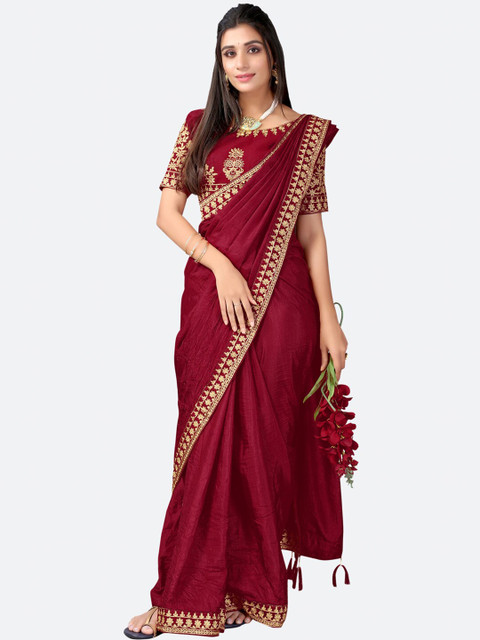 

Satrani Maroon & Gold-Toned Phulkari Embroidered Saree