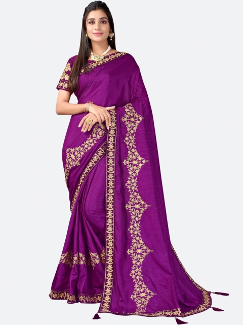 

Satrani Women Purple & Gold-Toned Floral Phulkari Saree