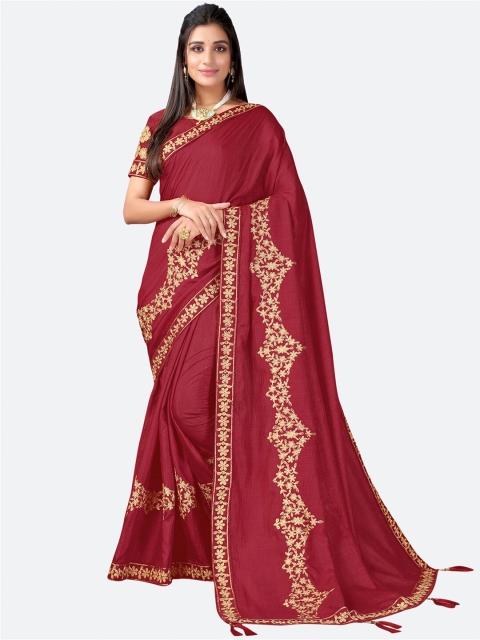 

Satrani Maroon & Gold-Toned Phulkari Embroidered Saree