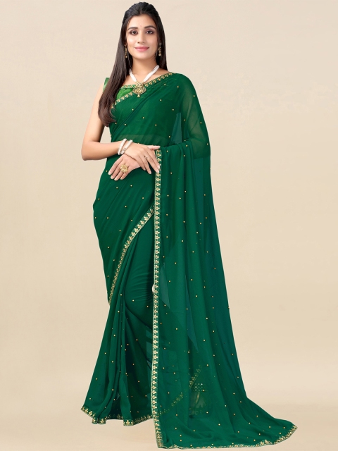 

Satrani Green & Gold-Toned Embellished Saree
