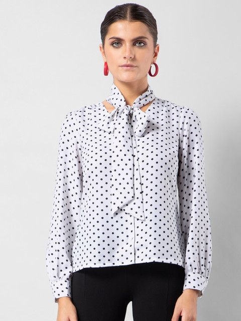 

FabAlley Women White Print Tie-Up Neck Georgette Top