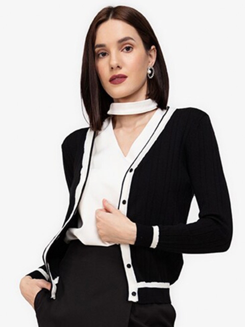 

ZALORA WORK Women Black & White Contrast Trim Cardigan