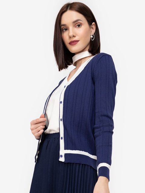 

ZALORA WORK Women Navy Blue & White Contrast Trim Striped Cardigan