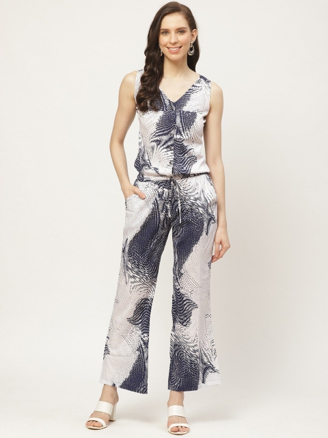 

Cottinfab White & Grey Printed Basic Jumpsuit