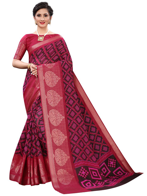 

Jashvi Creation Magenta & Brown Ethnic Motifs Zari Linen Blend Banarasi Saree