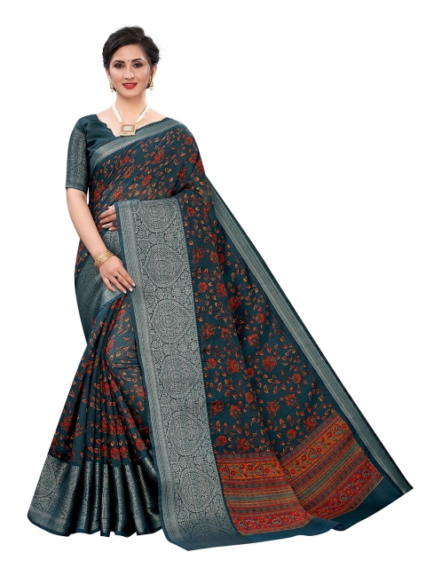 

Jashvi Creation Teal & Red Floral Zari Linen Blend Banarasi Saree