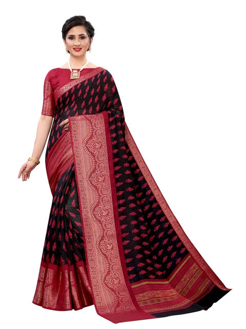 

Jashvi Creation Black & Magenta Ethnic Motifs Zari Linen Blend Banarasi Saree