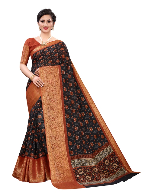 

Jashvi Creation Black & Orange Ethnic Motifs Banarasi Saree