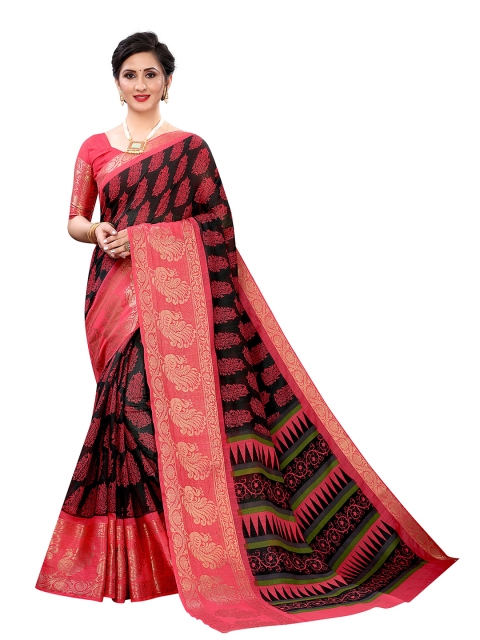 

Jashvi Creation Black & Pink Ethnic Motifs Zari Linen Blend Banarasi Saree