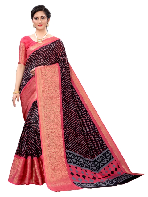

Jashvi Creation Black & Pink Ethnic Motifs Zari Banarasi Saree