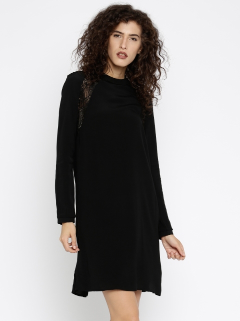 

Vero Moda Women Black Solid Sheer A-Line Dress with Lace Inserts