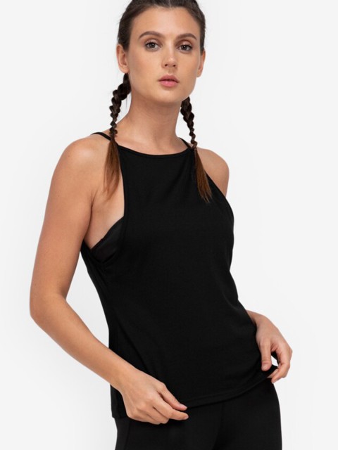 

ZALORA ACTIVE Black Solid Shoulder Straps Loose Fit Training Polyester Tank Top