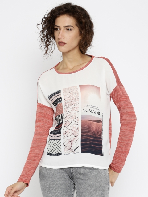 

Vero Moda Women Red & White Printed Semi-Sheer Boxy Top