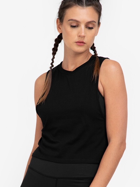 

ZALORA ACTIVE Black Solid Round Neck Sleeveless Cotton Blend Regular Tank Top