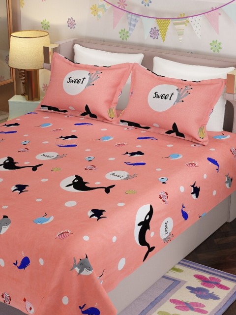 

Molly & Michel Pink & White Graphic 210 TC Queen Bedsheet with 2 Pillow Covers