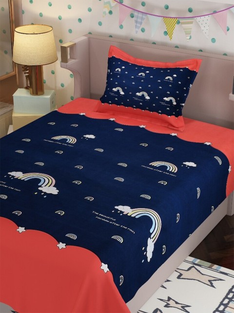 

Molly & Michel Blue & White Printed Cotton 210 TC Single Bedsheet with 1 Pillow Covers