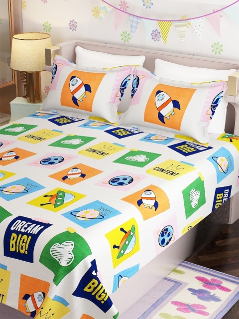 

Molly & Michel Off White & Blue Graphic 210 TC Queen Bedsheet with 2 Pillow Covers