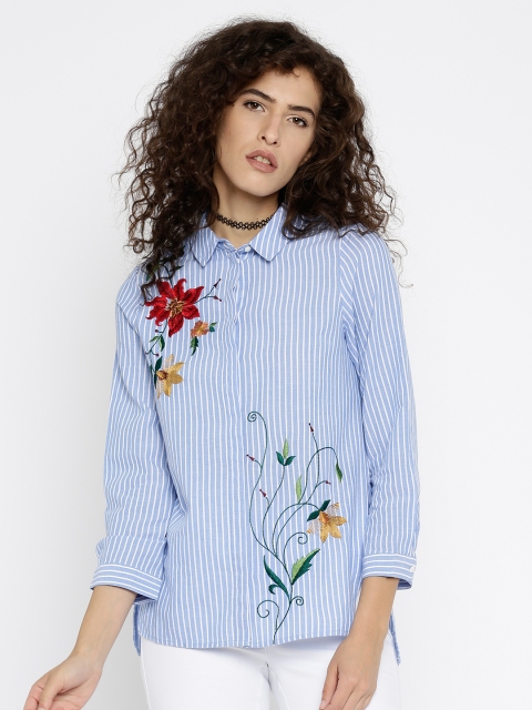 

Vero Moda Women Blue & White Striped & Embroidered Casual Shirt