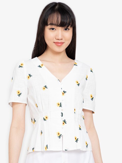 

ZALORA BASICS Women White & Yellow Floral Print V-neck Pure Cotton Regular Top