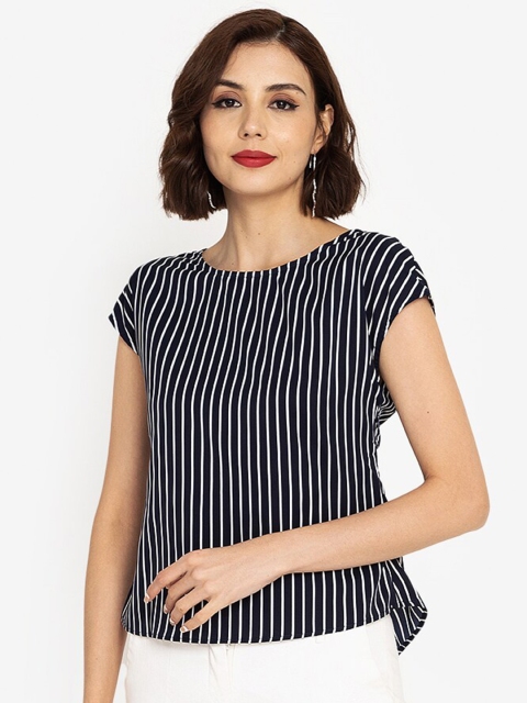 

ZALORA WORK Women Black & White Striped Extended Sleeves Styled Back Top