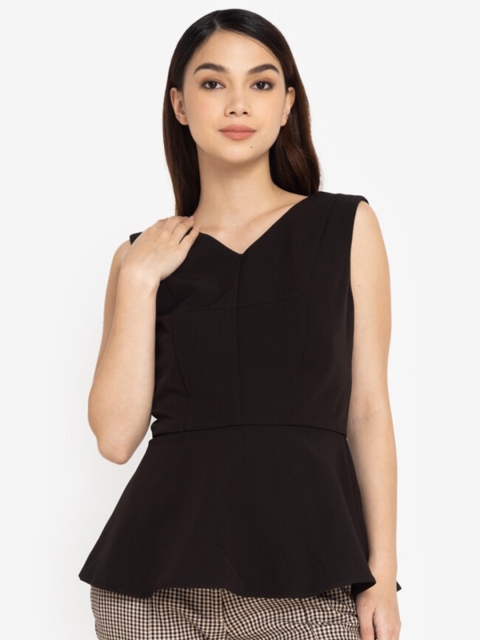 

ZALORA WORK Black Solid V Neck Peplum Top