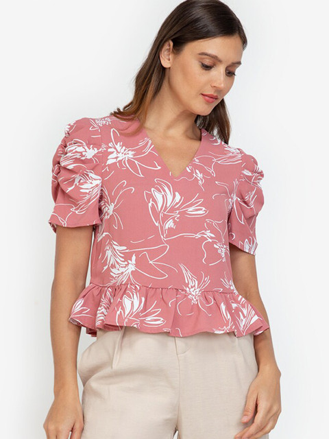 

ZALORA WORK Women Peach-Coloured & White Print Tiered Top