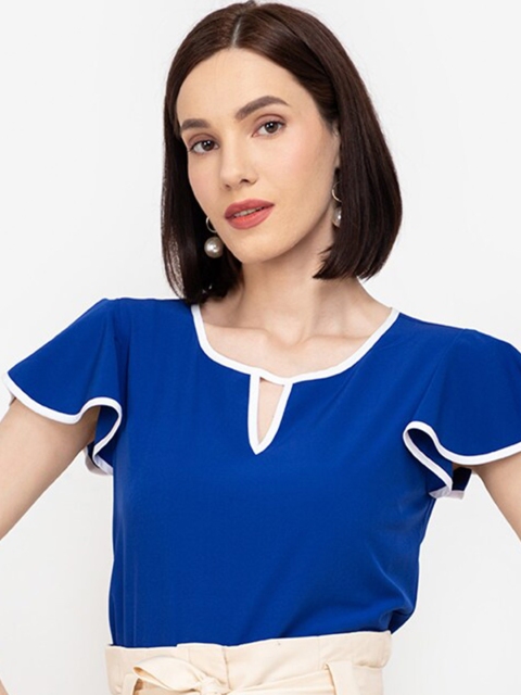 

ZALORA WORK Women Blue & White Keyhole Neck Top