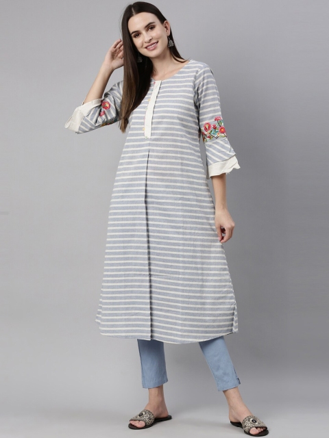 

Neerus Women Blue Striped Flared Sleeves Thread Work Kurta