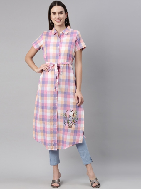 

Neerus Women Pink Checked Thread Work Pathani Kurta