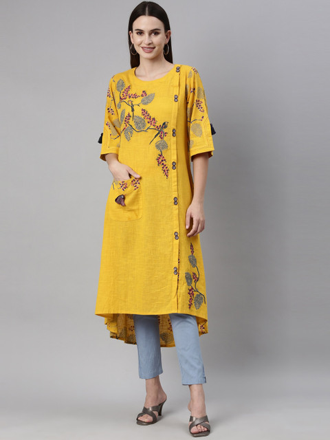 

Neerus Women Mustard Yellow Quirky Printed Thread Work Kurta
