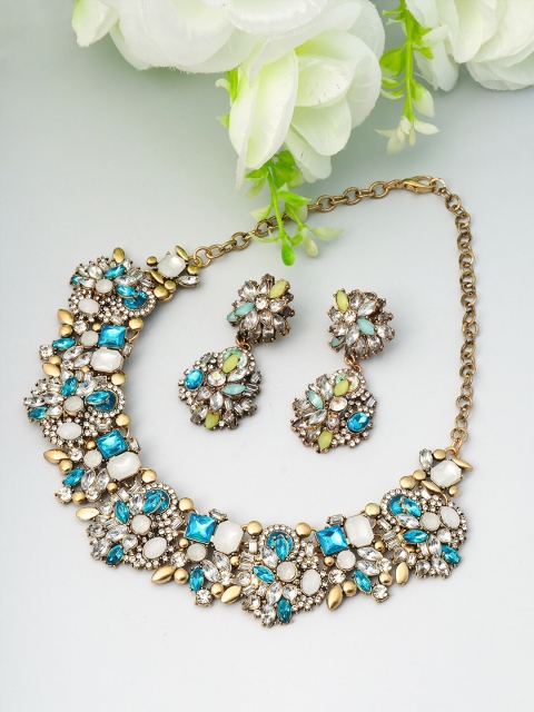 

Ferosh Gold-Toned Blue & White Stone-Studded Jewellery Set