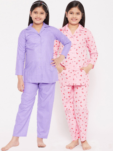 

KYDZI Girls Pink & Purple Printed Cotton Night suit