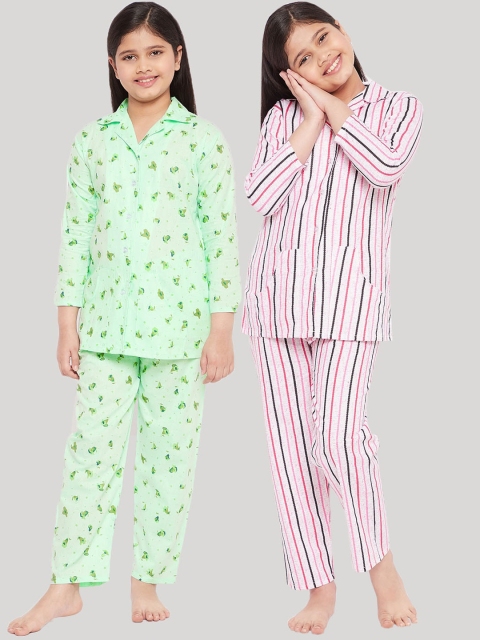 

KYDZI Girls Green & Pink Printed Night suit