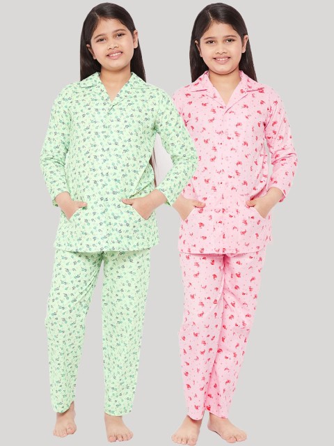 

KYDZI Girls Green & Pink Printed Night suit