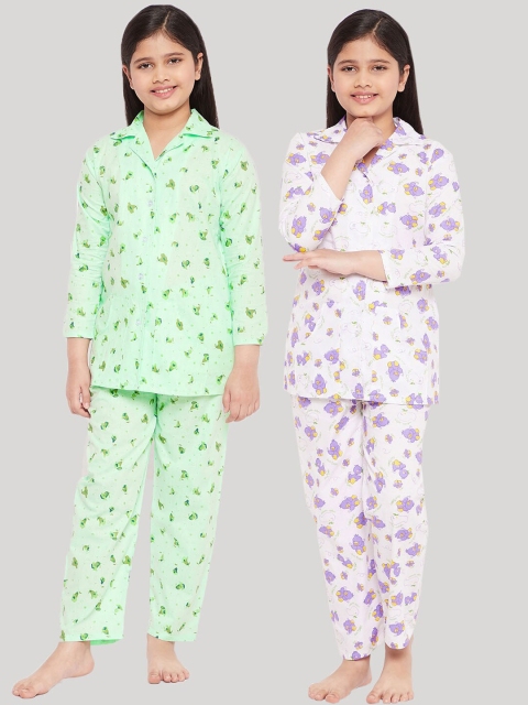 

KYDZI Girls Green & White Printed Night suit