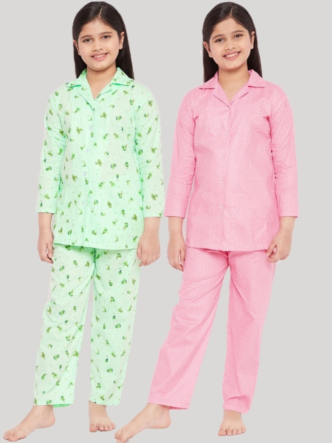 

KYDZI Girls Green & Pink Printed Night suit