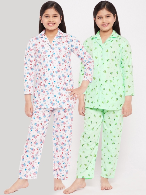 

KYDZI Girls White & Green Printed Night suit