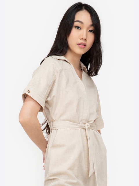 

ZALORA BASICS Beige Linen Basic Jumpsuit